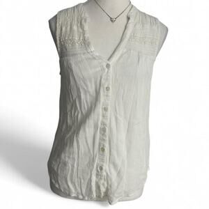 Meadow Rue By Anthropologie Women’s White Button Up V Neck Lace Tank Top
